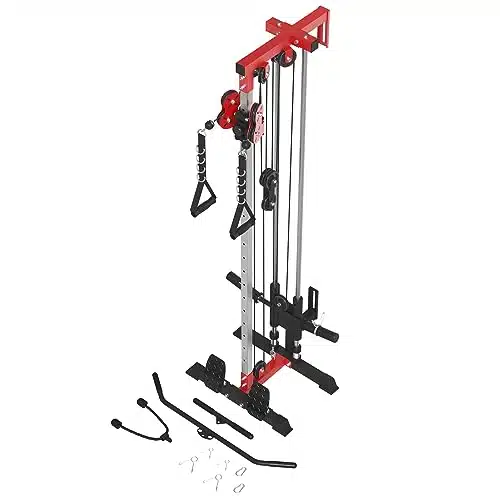 Er Kang Cable Station Wall Mount, Height Pulley Tower, Dual Pulley System, High And Low Cable Machine, Lat Pull Down &Amp; Lat Row Lat Tower With Flip Up Footplate, Home Gym Cable Crossover(Red)