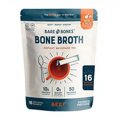 Bare Bones Bone Broth Instant Powdered Mix, Beef, Pack Of , G Sticks, G Protein, % Grass Fed, Keto &Amp; Paleo Friendly Bone Broth Packets