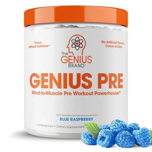 Genius Pre Workout Powder, Blue Raspberry   All Natural Nootropic Pre Workout &Amp; Caffeine Free Nitric Oxide Booster Supplement With Beta Alanine &Amp; Alpha Gpc   No Artificial Flavors, Sweeteners, Or Dyes