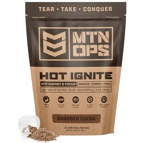 Mtn Ops Hot Ignite Supercharged Energy Drink Mix Focus Enhancer, Charged Cocoa, Bag (Servings)