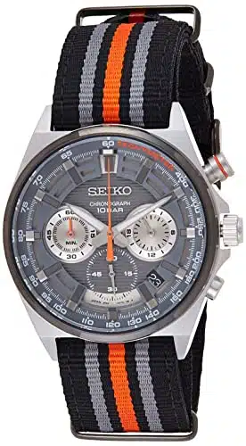 Seiko Ssbatch For Men   Essentials Collection   Quartz Chronograph, Tachymeter, Gray Dial With Metallic And Orange Accents, Racing Stripe Strap, And Water Resistant To M