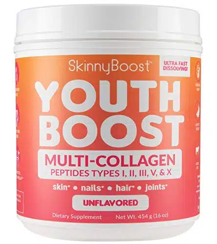 Skinnyboost Youth Boost Advanced Multi Collagen Powder   Types Of Hydrolyzed Collagen Peptides For Hair, Skin, Nails &Amp; Joints. Fast Dissolving, Grass Fed, Keto Friendly   Unflavored(Servings)