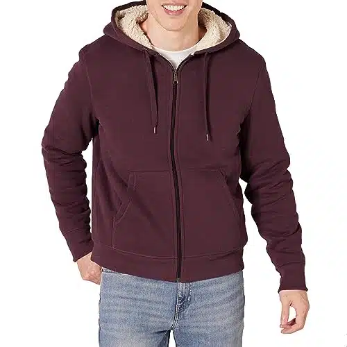 Amazon Essentials Men'S Sherpa Lined Full Zip Hooded Fleece Sweatshirt, Burgundy, X Large
