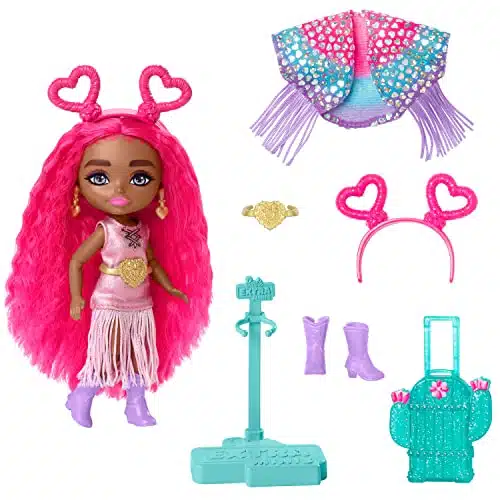 Barbie Extra Fly Minis Travel Doll, Desert Festival Look With Magenta Hair In Fringe Jacket &Amp; Fringe Dress &Amp; Accessories Small