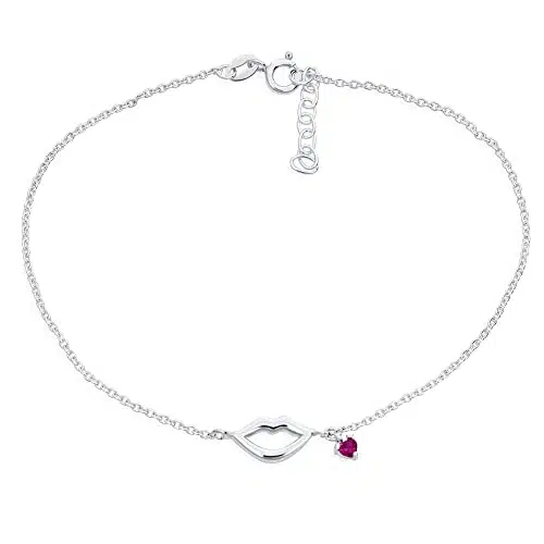Bling Jewelry Lover Sexy Kissing Lip Red Heart Cz Charm Anklet Link Ankle Bracelet For Women Teen For Girlfriend .Sterling Silver Inch Adjustable