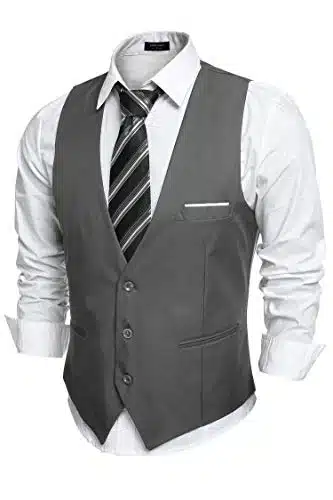 Coofandy Men'S V Neck Sleeveless Business Suit Vests Slim Fit Wedding Waistcoat, Type Dark Gray, X Large