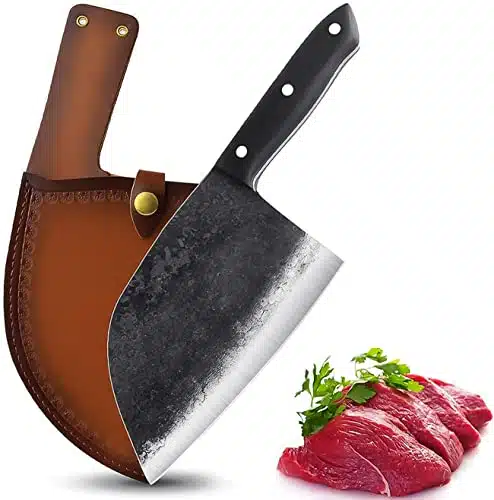 Dream Reach Forging Serbian Chef Knife Kitchen Chef Knives Full Tang High Carbon Clad Steel Almasi Butcher Cleaver With Leather Sheath (B Almasi Knife)