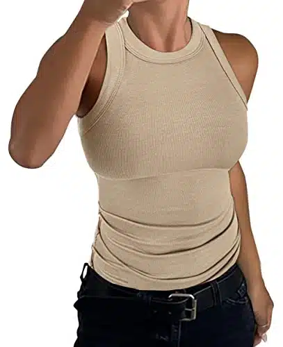 Gembera Womens Sleeveless Racerback High Neck Casual Basic Cotton Ribbed Fitted Tank Top Beige Tan Nude L