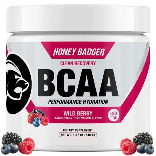 Honey Badger Bcaa Amino Acids Electrolytes Powder, Keto, Vegan, Sugar Free Bcaas + Eaa With L Glutamine For Men &Amp; Women, Hydration &Amp; Post Workout Muscle Recovery Drink Mix, Wild Berry, Servings