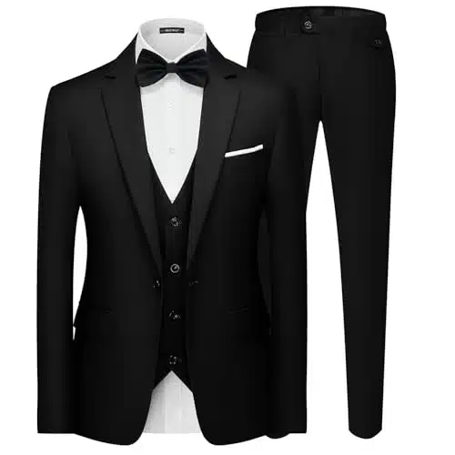 Mage Male Men'S Pieces Suit Elegant Solid One Button Slim Fit Single Breasted Party Blazer Vest Pants Set. Black