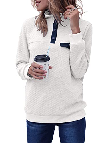 Merokeety Womens Fall Long Sleeve V Neck Button Quilted Patchwork Pullover Sweatshirt Tops Newwhite M Merokeety Women'S Fall Long Sleeve V Neck Button Quilted Patchwork Pullover Sweatshirt Tops, Newwhite, M