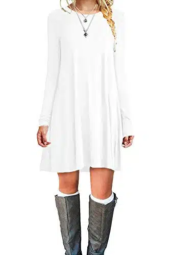 Molerani Women'S Casual Plain Simple Long Sleeve T Shirt Loose Dress (L, White)