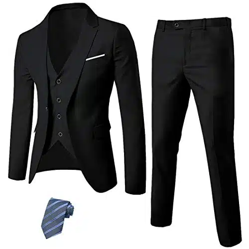 Mys Men'S Piece Slim Fit Suit Set, One Button Solid Jacket Vest Pants With Tie Black