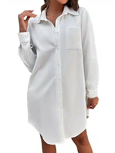 Makemechic Women'S Casual Solid Long Sleeve Collared Button Down Short Shirt Dress White M