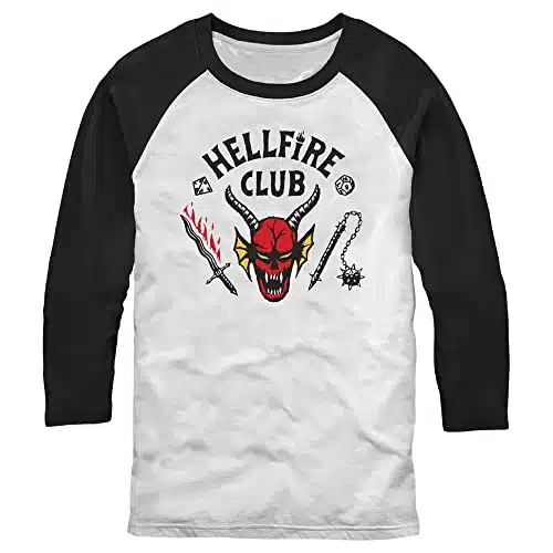 Men'S Stranger Things Hellfire Club Costume Baseball Tee   Whiteblack   Small