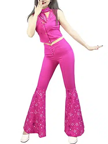 Naywig Cowgirl Outfit S S Hippie Disco Costume Pink Flare Pant Halloween Cosplay For Women Girls X Large