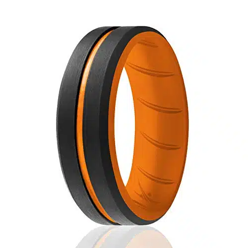 Roq Silicone Rubber Wedding Ring For Men, Comfort Fit, Men'S Wedding Band, Breathable Rubber Engagement Band, Mm Wide Mm Thick, Engraved Duo Middle Line, Single, Black &Amp; Orange,