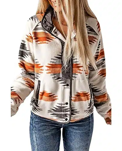 Selink Womens Fleece Jacket Western Aztec Print Long Sleeve Snap Button Down Shacket Jackets With Pockets Grey L