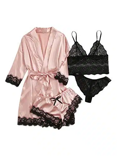 Wdirara Women' Silk Satin Pajamas Set Pcs Lingerie Floral Lace Cami Sleepwear With Robe Pink L