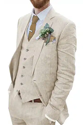 Wehilion Retro Beige Linen Men Suit Notched Lapel Slim Fit Wedding Suit For Men Pieces Linen Jacket Blazer Homecoming Tuxedo Be L