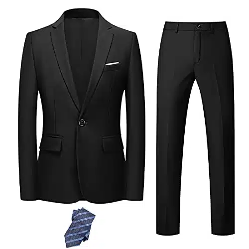 Ynd Men'S Slim Fit Piece Suit, One Button Jacket Pants Set With Tie, Solid Party Wedding Dress Blazer, Tux Trousers, Black