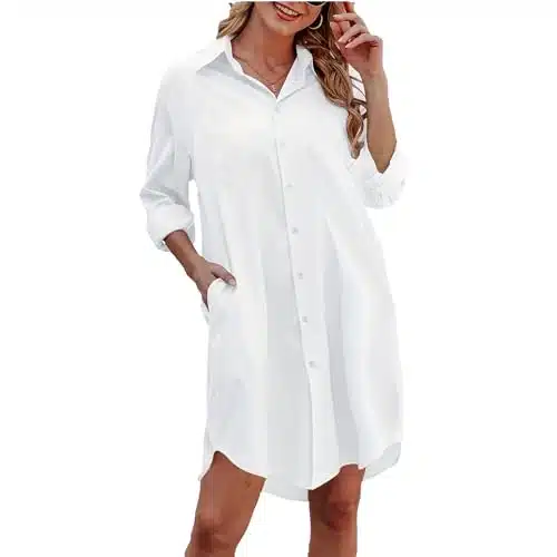 Atavant Long Sleeve Dress For Women, Casual Button Down Shirts For Women, Fall Blouse For Women With Side Pockets(White,Xl)