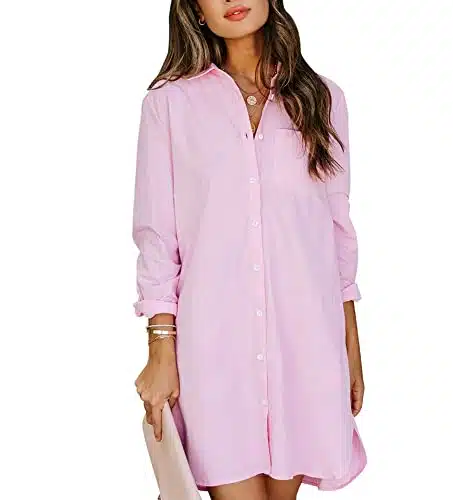 Chouyatou Women'S Casual Loose Fit Long Sleeve Solid Striped Button Down Shirts Dresses (Large, Pink)