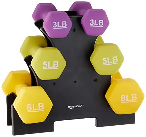 Amazon Basics Neoprene Coated Hexagon Workout Dumbbell Color Coded Hand Weight With Storage Rack, Pounds, Set Of (Pound, Pound, And Pound), Multicolor
