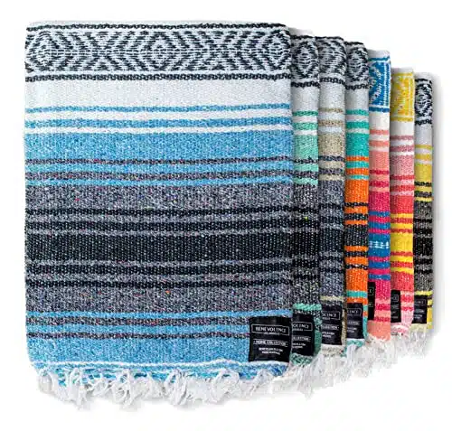 Benevolence La Authentic Handwoven Mexican Blanket, Yoga Blanket   Perfect Outdoor Picnic Blanket, Camping Blanket, Equestrian Saddle Blanket, Serape Blanket Xinches   Sky Blue, Pack Of