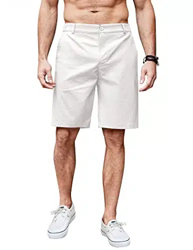 Coofandy Men'S Casual White Shorts Linen Beach Shorts Summer Flat Front Shorts Elastic Waist Chino Shorts