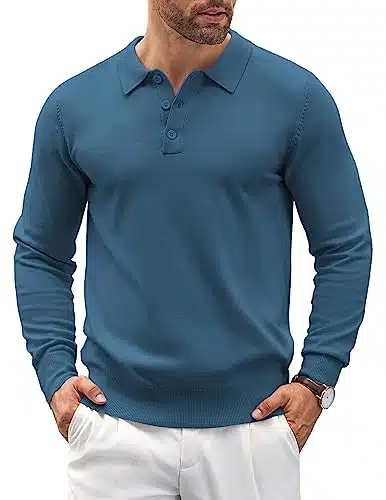 Coofandy Men'S Classic Polo Shirts Long Sleeve Casual Dress Shirts Fitted Business Shirts Denim Blue