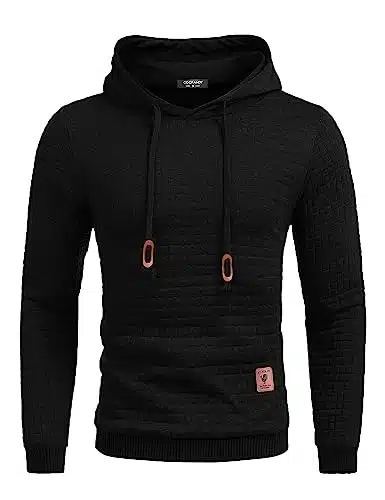 Coofandy Men'S Fashion Hoodies Sweatshirt Long Sleeve Workout Waffle Pattern Sweatshirts Solid Long Sleeve Pullover Black