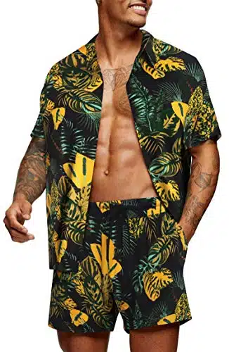 Coofandy Men'S Flower Casual Button Down Short Sleeve Hawaiian Shirt Suits