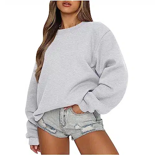 Ceboyel Oversized Sweatshirt For Women Solid Color Crewneck Pullover Tops Long Sleeve Sweaters Fall Fashion Trendy Clothes Prime Of Day Deals Today Gray L