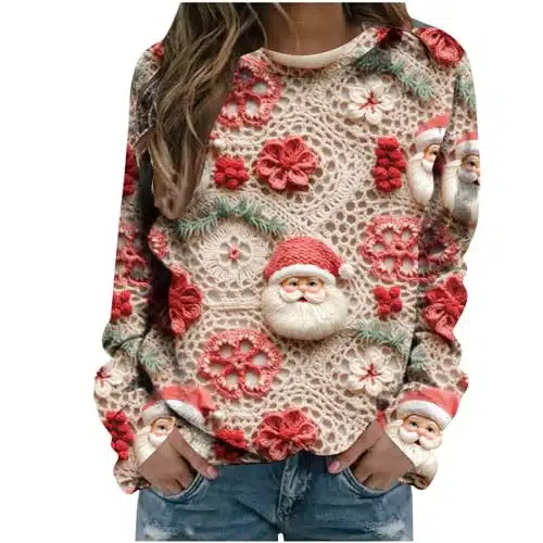 Christmas Sweatshirts For Women Omens Ugly Christmas Sweaters Funny Cute Xmas Tree Reindeer Snowman Tops Long Sleeve Crewneck Sweatshirts Prime Deals Of The Day Today Only