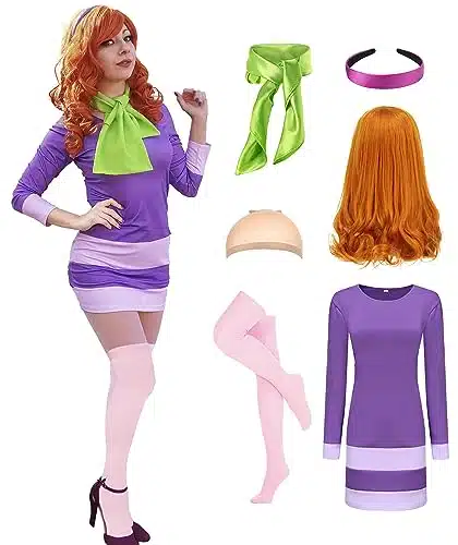 Daphne Costume Dress Women Adult Halloween Costume Deluxe Cosplay Outfits Wig Scarf Headband Stockings Accessories Ouxs