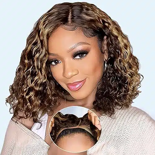 Eyefanniy Wear And Go Glueless Wig Human Hair Highlight Curly Bob Lace Closure Wigs Pre Cut Xhd Lace Water Wave Wig For Black Women % Density Inch