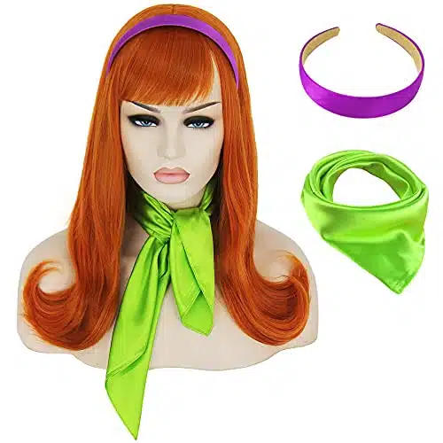 Fover Daphne Wig For Women Orange Copper Daphne Costume Wigs For Girls With Scarft Headband For Halloween Party Feor