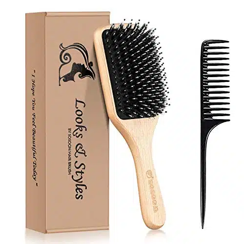 Hair Brush, Sosoon Boar Bristle Paddle Hairbrush For Long Short Thick Thin Curly Straight Wavy Dry Hair For Men Women Kids, No More Tangle, Giftbox &Amp; Tail Comb Included