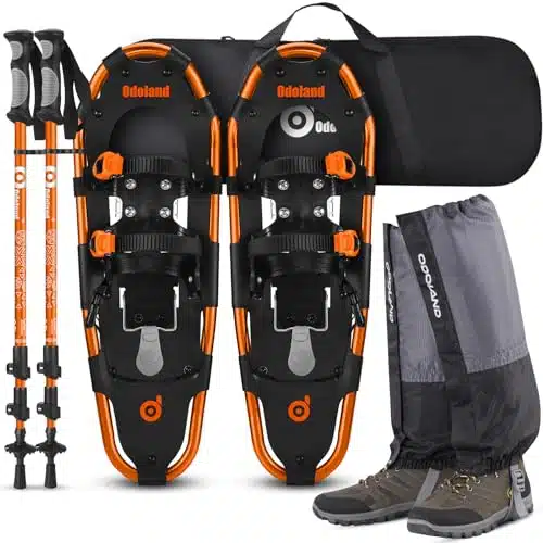 Odoland In Snowshoes Snow Shoes For Men And Women With Trekking Poles, Carrying Tote Bag And Waterproof Snow Leg Gaiters, Lightweight Snow Shoes Aluminum Alloy, Orange, ''