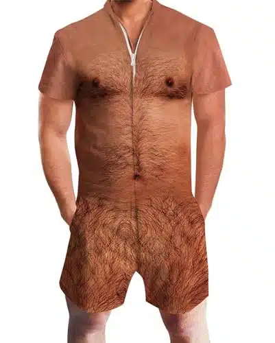 Raisevern Men'S Romper Hairy Chest Ugly Body One Piece Zipper Jumpsuit Funny Pockets Shorts For Party Travel Beach Outfits (Xl)