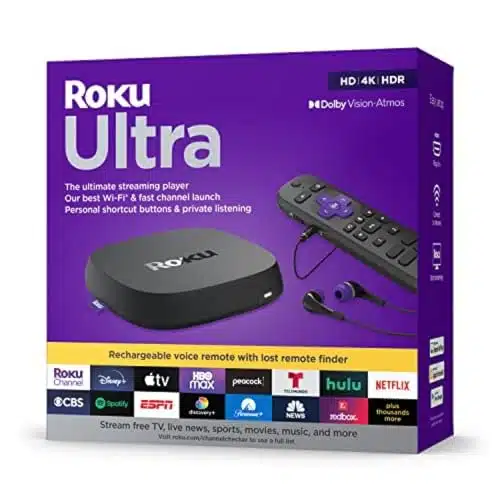 Roku Ultra  The Ultimate Streaming Device Khdrdolby Visionatmos, Rechargeable Roku Voice Remote Pro, Ethernet Port, Hands Free Controls, Lost Remote Finder, Free &Amp; Live Tv