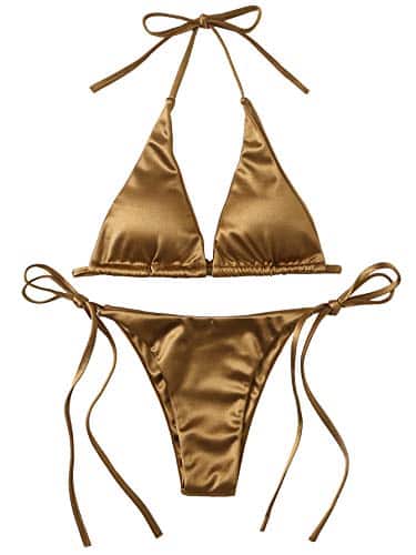 Soly Hux Womens Metallic Halter Top Two Piece Swimsuit Tie Side Triangle Bikini Gold L Soly Hux Women'S Metallic Halter Top Two Piece Swimsuit Tie Side Triangle Bikini Gold L