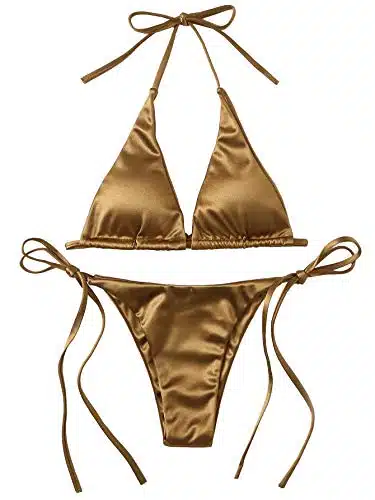 Soly Hux Women'S Metallic Halter Top Two Piece Swimsuit Tie Side Triangle Bikini Gold L