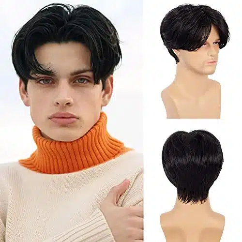 Swiking Men Wigs Short Black Straight Middle Part Synthetic Hair For Male Guy Daily Cosplay Party Wigs With Cap (Black)