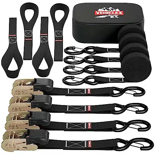 Vehiclex Lb Break Strength Motorcycle And Truck Tie Downs   Inch Ratchet Straps Ft   Pack Of Black   A Sturdy Bonus Bag &Amp; Soft Loops Included