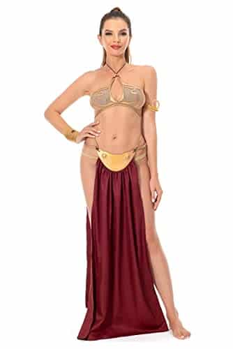 Xikaufo Adult Princess Leia Slave Outfit Bikini Carnival Cosplay Costume Dress Gold Bra Halloween Costume For Womens Xikaufo Adult Princess Leia Slave Outfit Bikini Carnival Cosplay Costume Dress Gold Bra Halloween Costume For Women(S)