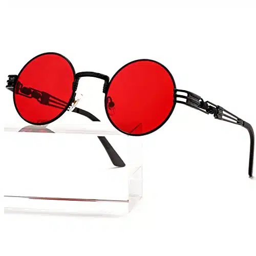 Aieyezo Round Steampunk Sunglasses Circle Lennon Hippie Glasses Metal Frame % Uv Blocking Lens (Blackocean Red)
