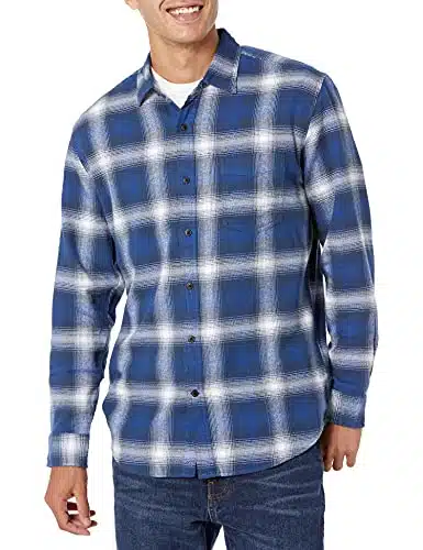 Amazon Essentials Men'S Long Sleeve Flannel Shirt (Available In Big &Amp; Tall), Blue White Large Plaid, X Small