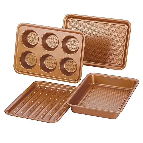 Ayesha Curry Nonstick Bakeware Toaster Oven Set With Nonstick Baking Pan, Cookie Sheet  Baking Sheet And Muffin Pan  Cupcake Pan   Piece, Copper Brown